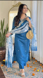 NEW ARRIVAL VISCOSE CHANDERI EMBROIDERY WORK TOP BOTTOM WITH DUPATTA BLUE